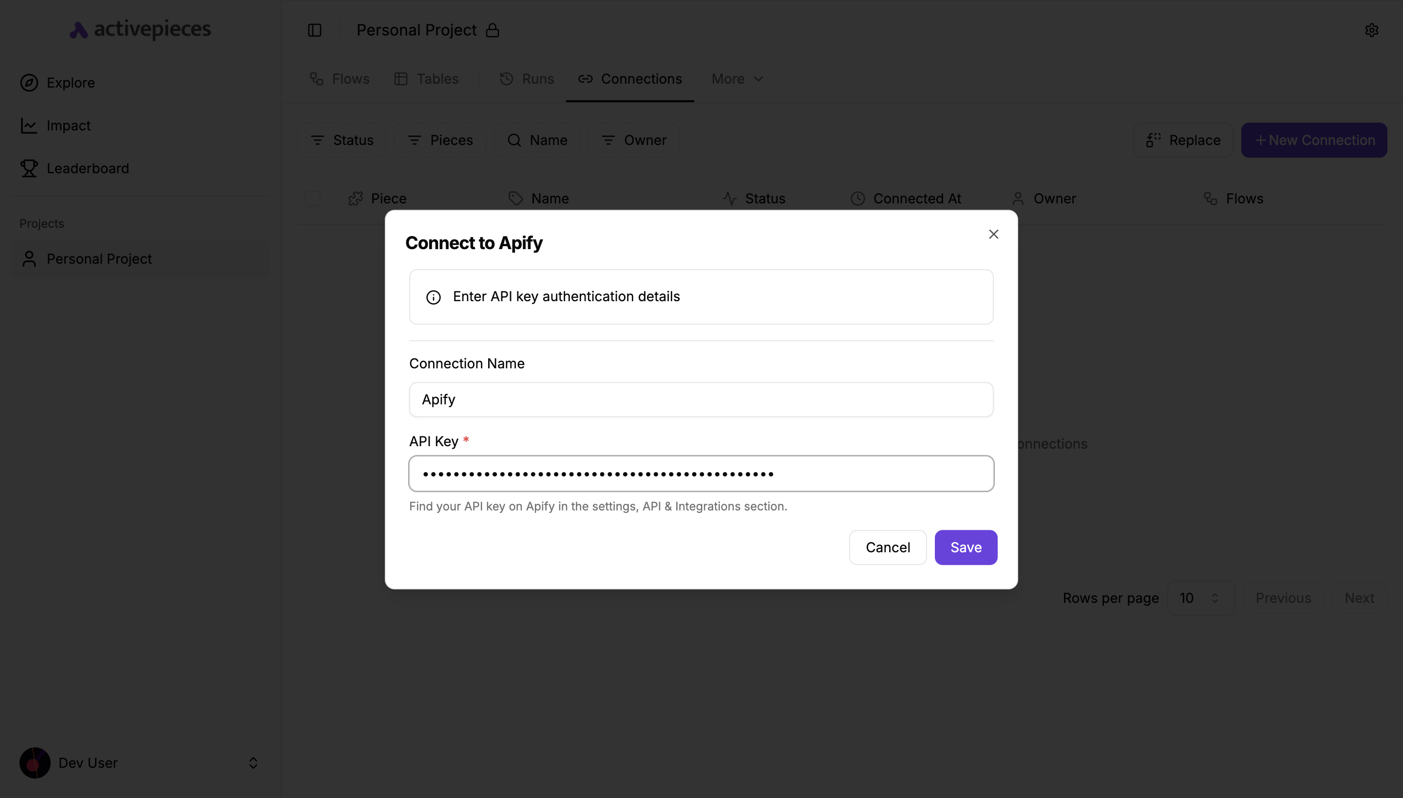 Apify API key setup